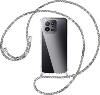 Produktbild von Handykette Backcover-Schutzhülle mit Band (Metall silberfarben) für Xiaomi 13 (6.28'') - weiß/grau kariert