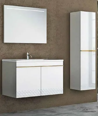 Produktbild von Casa Padrino Luxus Badezimmer Set Weiß / Gold - 1 Waschtisch und 1 Waschbecken und 1 LED Wandspiegel und 1 Hängeschrank - Luxus Kollektion