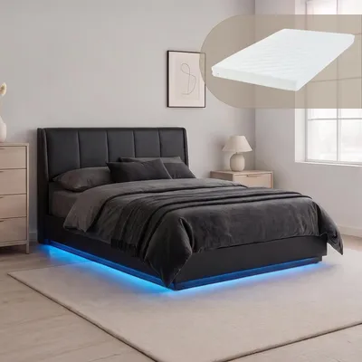 Obrázek produktu pro LED postel s úložným prostorem "Tröstiar" a matrací, potažená umělou kůží, rozměry 140 x 200 cm, černá barva