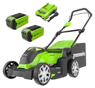 Obrázok produktu pre Greenworks G40LM41K2x akumulátorová kosačka 40V 41cm Vrátane 2 batérií 2Ah a nabíjačky
