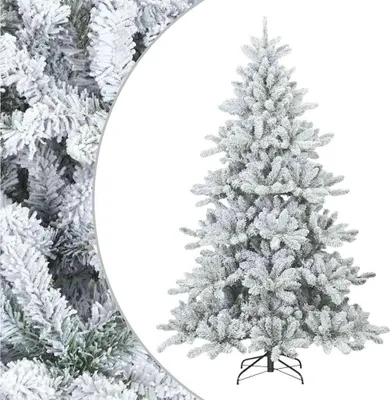 A flocked artificial Christmas tree with a white background.
