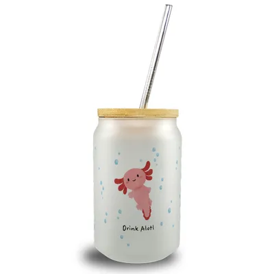 Produktbild von Axolotl Trinkglas mit Bambusdeckel mit Spruch Drink Alotl