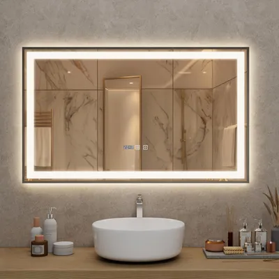 Image de Miroir de salle de bain Puluomis 100x60 anti-buée avec éclairage 3 couleurs, luminosité réglable, miroir de salle de bain avec horloge numérique, température argentée