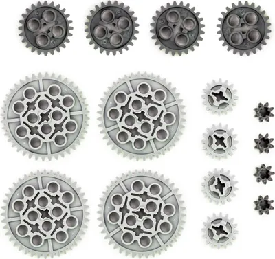 A collection of LEGO Technic gears of various sizes and colors, arranged on a white background.
