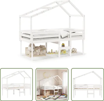 Produktbild von The Living Store Hochbett mit Dach Weiß 90x200 cm Massivholz Kiefer