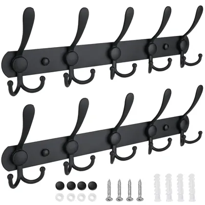 Produktbild von 2 Stück Kleiderhaken Wand mit 5 Haken, Hakenleiste, Garderobenhaken Schwere, Garderobe Wandhaken, Wandgarderobe, Schwarz