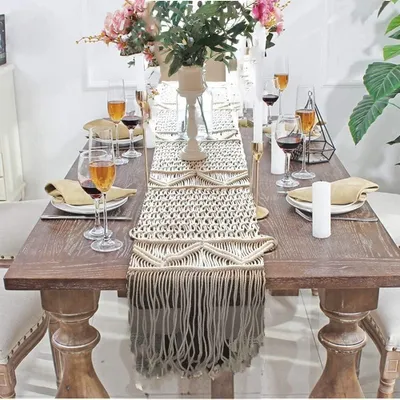 Productafbeelding van Makramee Tafelkleed - Bohemian Bruiloft Tafeldecoratie in Beige Wit
