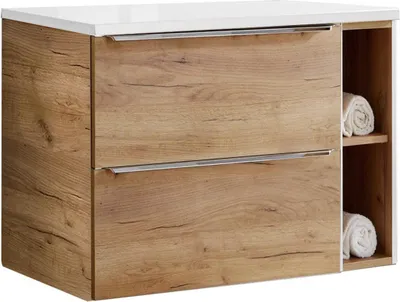 Produktbild von Waschtischunterschrank 81cm mit 2 Auszügen und Regal TOSKANA-56 in Wotaneiche und Hochglanz weiß, B/H/T ca. 81/59,5/46 cm