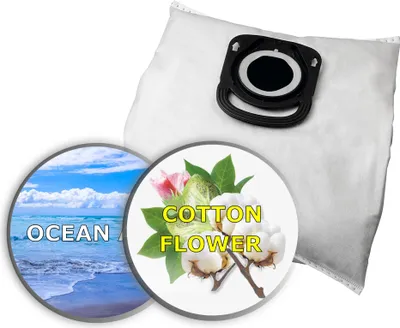 A vacuum cleaner bag with two circular overlays showing different scents: ocean and cotton flower.