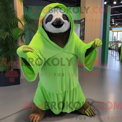 Produktbild von Maskottchen-Charakter REDBROKOLY eines limettengrünen Faultiers mit Wickelrock und Wickeltüchern