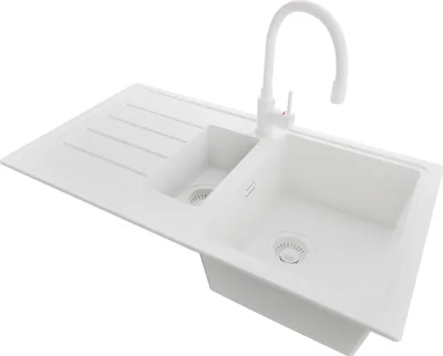 Produktbild von PRIMAGRAN Granitspüle Alles Weiß 90x50cm, Spülbecken 1,5 Becken + Küchenarmatur 38x14cm + Ablauf-Set, Küchenspüle ab 60er Unterschrank - Kopenhagen Duo