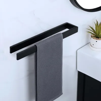 Image de Porte-serviettes sans perçage, 40 cm, noir, autocollant, en acier inoxydable, pour salle de bains et cuisine