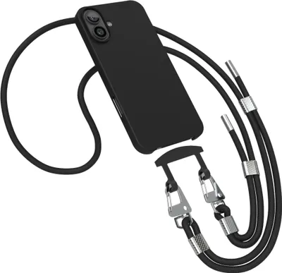 Produktbild von EAZY CASE - 2in1 Handyhülle mit Band kompatibel mit Apple iPhone 16 Plus, Silikonhülle zum Schutz, stoßfester Fallschutz, Umhängeband mit Hülle in Schwarz