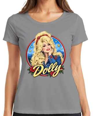 Zdjęcie produktu dla Damska koszulka z nadrukiem przedstawiającym Dolly Parton, ikony country, w stylu westernowym. Kolor: szary. Rozmiar: S