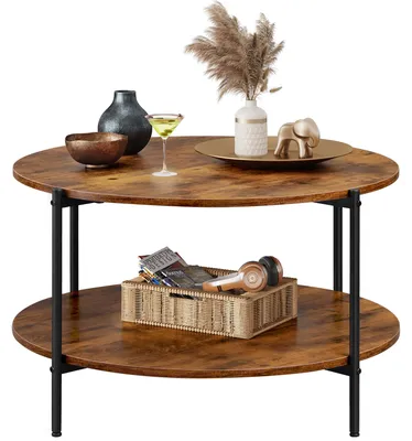 Immagine prodotto di Tavolino da divano a due livelli, con piano in legno e robusta struttura in metallo, stile moderno, ideale per soggiorno e camera da letto, color vintage marrone e nero