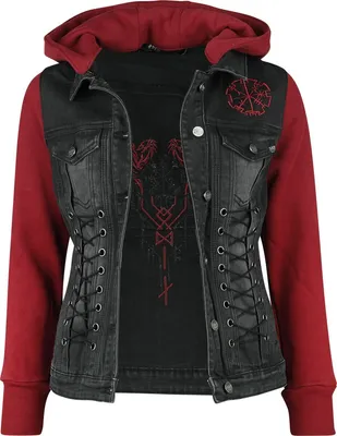 Produktbild von Black Premium by EMP Damen schwarz-rote Jeansjacke mit abnehmbarer Kapuze und Ärmel aus extra weichem Sweat-Stoff XXL