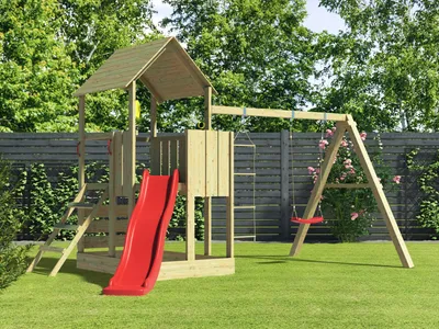 Produktbild von Prestige Garden Little Monkey Spielturm Kesseldruckimprägniert Kiefer, Mit Schaukelanbau Strickleiter Kletterwand Sandkasten, Inklusive Rutsche Periskop Spieltelefon Haltegriffen