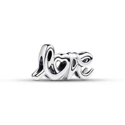 A silver charm with the word "love" written in cursive, with a heart shape in the center of the "o".