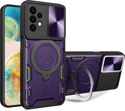 Produktbild von Handyhülle für Samsung Galaxy A23 5G Dual-Layer Stoßfest Rüstung Hülle mit Dia Kameraschutz und Kreisförmig Ring Ständer Lila