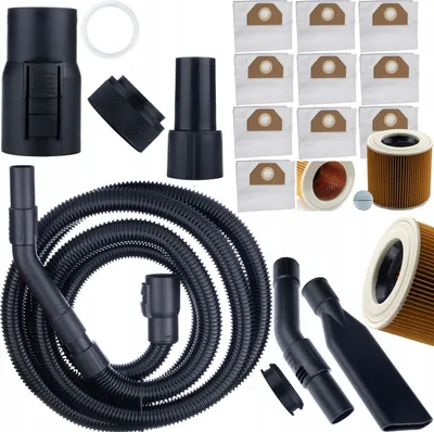 A collection of vacuum cleaner accessories, including bags, filters, and a hose, laid out on a white background.