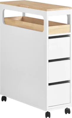 Produktbild von Kleiner Badezimmer-Regal mit 3 Schubladen, abnehmbarer Serviertafel und Toilettenartikellagerung.