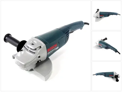 A Bosch angle grinder is shown against a white background, with multiple smaller images of the product on the right side.