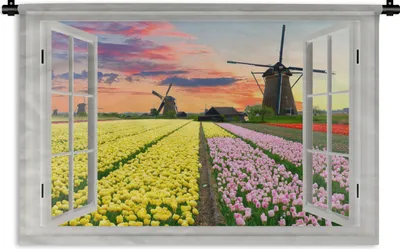 Produktbild von MuchoWow® Wandteppich Wandbehang Aussicht - Sonnenuntergang - Tulpen 60x40 cm Tapisserie Dekoration Wandtuch - Wanddekorationen