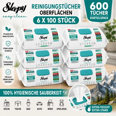 Produktbild von Sleepy Easy Clean Oberflächenreinigungstücher Mountain Breeze 6x100, KI-generiertes Bild