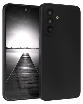 A black smartphone case is shown from a diagonal angle, with the phone inside displaying a black and white image of a pier.