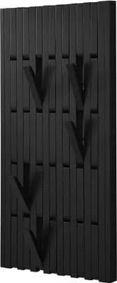 A black wall-mounted coat rack with multiple hooks.
