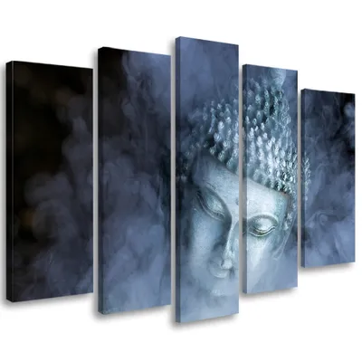 Produktbild von 5-teiliges leinwandbild buddha nebelkopf 150x100 cm Feeby grau wandbild bereit zum aufhängen