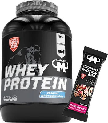 Produktbild von Mammut Nutrition - Whey Protein 3000 g Dose - 120 Portionen Eiweiß + GRATIS Protein Bar (Raspberry White Chocolate), Geschmack: Coconut White Chocolate
