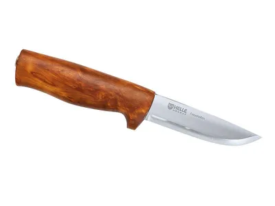 Produktbild von Helle Outdoormesser Fossekallen, rostfreier 3-Lagen-Stahl,, Maserbirke-Griff, Fingerschutz, braune Lederscheide