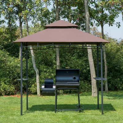 Zdjęcie produktu dla Altana ogrodowa Outsunny z grillem, namiotem ogrodowym, altanką balkonową z półkami, dachem podwójnym, trudnopalnym, kolor kawowo-brązowy, 245 x 148 x 252 cm