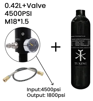 Produktbild von Kohlefaser Tauchflasche - 0,42 l Druckluftzylinder - 300 bar Hochdruck - Gewinde M18x1,5 - Druckmindererventil 125 bar (1800 psi)