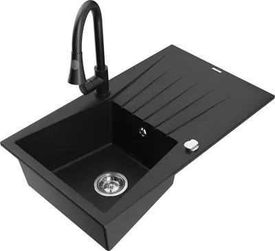 Produktbild von Mexen Cesar 1 Becken-Granitspüle mit Abtropffläche und Mischbatterie Elia, Schwarz - 6514-77-670101-70