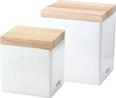 Produktbild von Continenta 2er Set Vorratsdosen für Zwiebeln und Knoblauch, mit Holzdeckel, seitl. Belüftung, 14 x 12 x 15,5 cm und 18 x 15,5 x 20,5 cm, Set by Danto®
