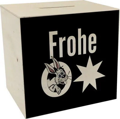 Produktbild von Osterhase Spardose aus Holz mit Spruch: Frohe Ostern