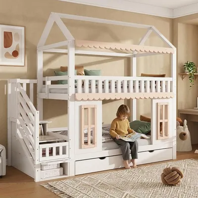 Zdjęcie produktu dla Łóżko piętrowe 90x200 cm, białe, wykonane z drewna sosnowego i MDF, z szafką z półkami po boku, 2 szufladami i w kształcie domku, idealne do pokoju dziecięcego