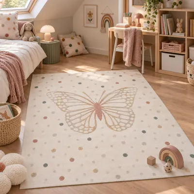 Produktbild von Kinder Teppich Happy Kids Schmetterling Creme, Größe:80x150 cm