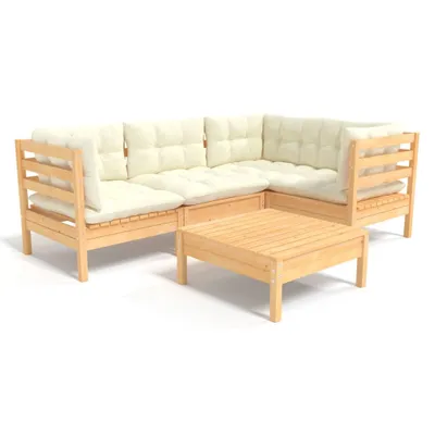 Produktbild von 5-tlg. Garten-Lounge-Set mit Creme Kissen Kiefernholz