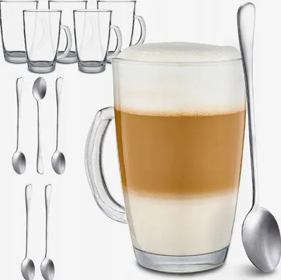 Produktbild von Glasbecher Set 6 Stück 300ml für Kaffee & Tee mit Löffeln