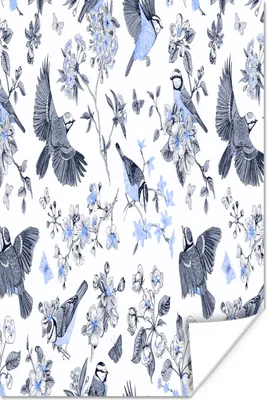 Produktbild von MuchoWow® Poster Blumen - Vogel - Blau 60x90 cm - Wanddekoration