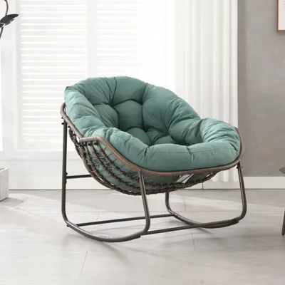 Produktbild von Rattan-Schaukelstuhl – Loungestuhl – Gartenstuhl – Balkonstuhl – Hellgrün – Wetterbeständiger Stahlrahmen