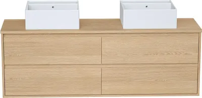 Produktbild von Waschbeckenunterschrank hängend mit Doppelaufsatzwaschtisch aus Keramik - Eichenfurnier - 150 cm - MILIPAM