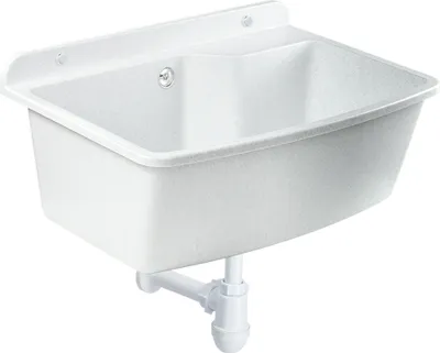 A white sink with a speckled pattern and white plumbing attached, shown against a white background.