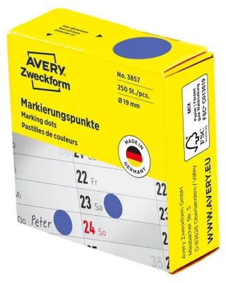 Produktbild von Avery Zweckform 3857, Markierungspunkte, ? 19 mm, 250 Markierungspunkte / 1 Rolle, blau