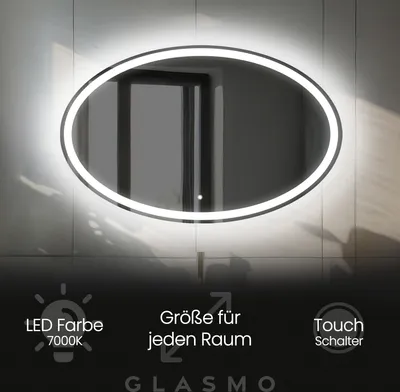 Produktbild von Badspiegel mit Beleuchtung 70x50 cm India - Horizontal Oval Spiegel mit LED Beleuchtung - Kaltweiß 7000K - Badezimmerspiegel Lichtspiegel mit Touch Schalter
