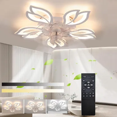 Produktbild von 85W LED Deckenleuchte mit Ventilator, Leise Deckenventilator mit Beleuchtung, Dimmbar mit Fernbedienung , Timer, Blume Design, für Wohnzimmer