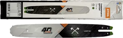A STIHL chainsaw guide bar and its packaging.